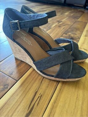 Toms Dark Blue Denim Cork Wedge Sandals